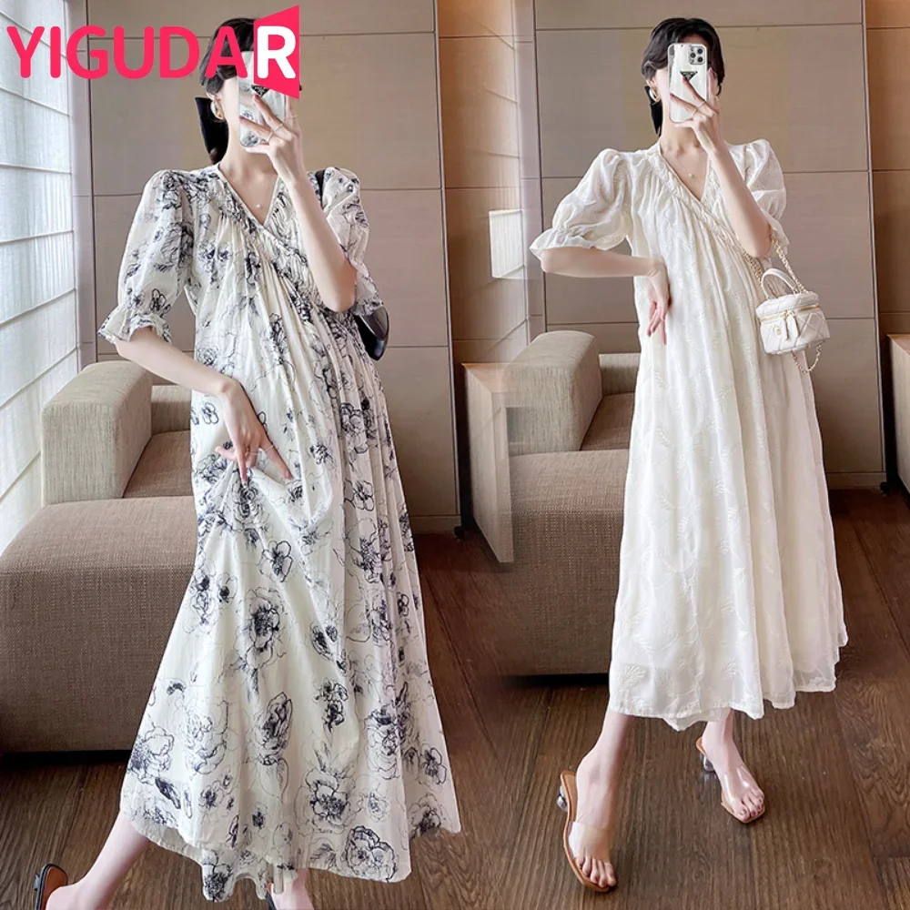 2025年-コットンリネンドレス-レディース-春夏-ファッション-文学的-レトロ-ロング丈-大きめスイング-カジュアル-プリントワンピース
