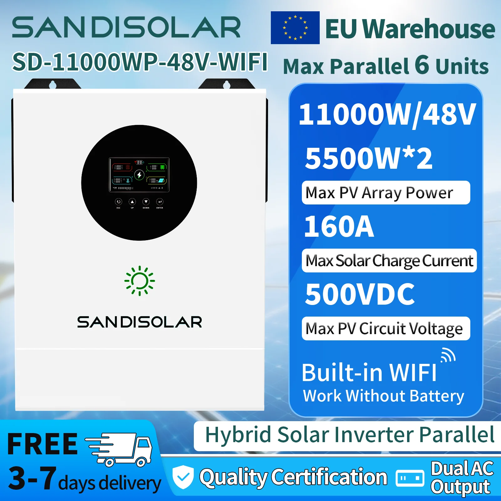 SANDISOLAR 11KW 48V Hybrid-Solarwechselrichter 6 Einheiten Parallel 160A MPPT 500VDC Dual-Ausgang Reine Sinuswelle Off-Grid WiFi-Controller – Detail 1