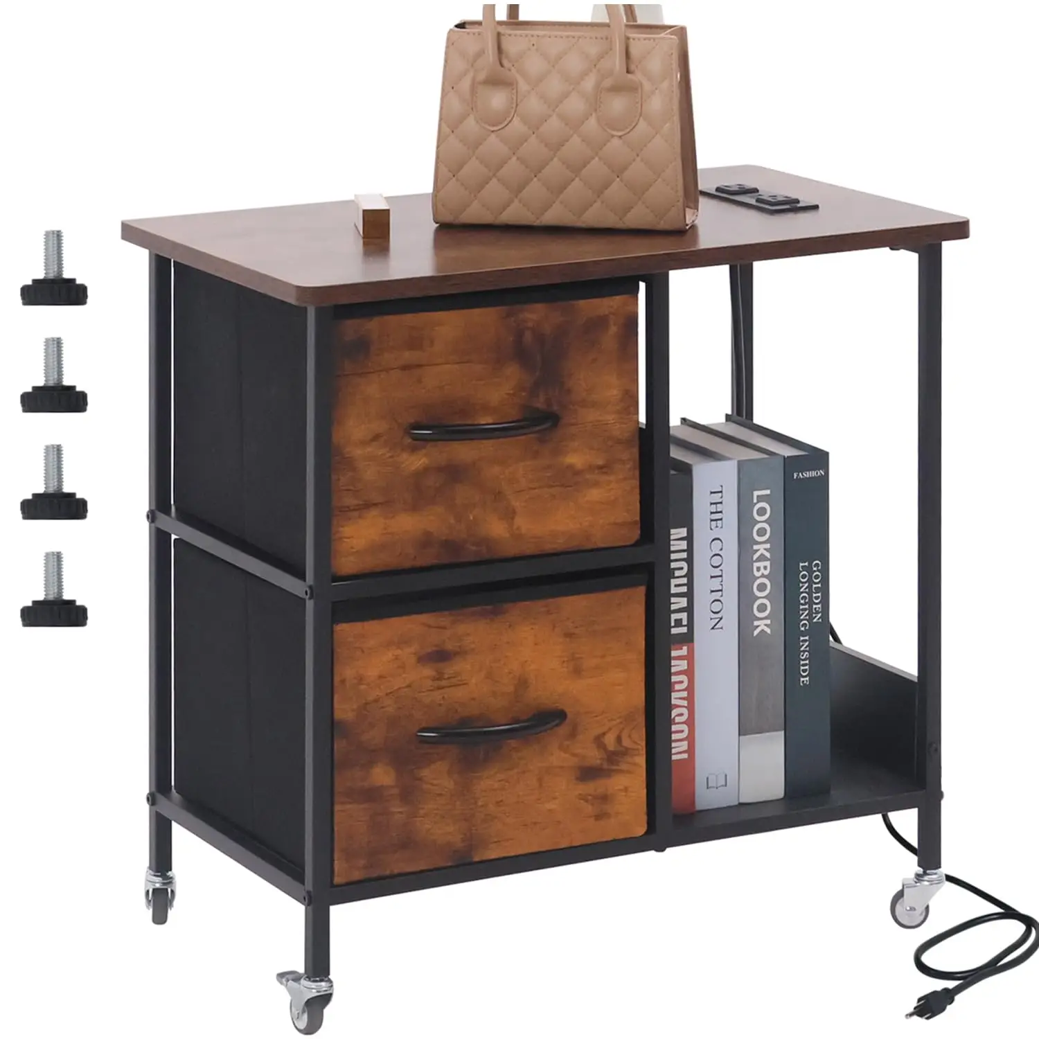 

Industrial Rolling End Table with Charging Station, Storage Shelves & Drawers for Bedroom Living Room Small Space, Customized