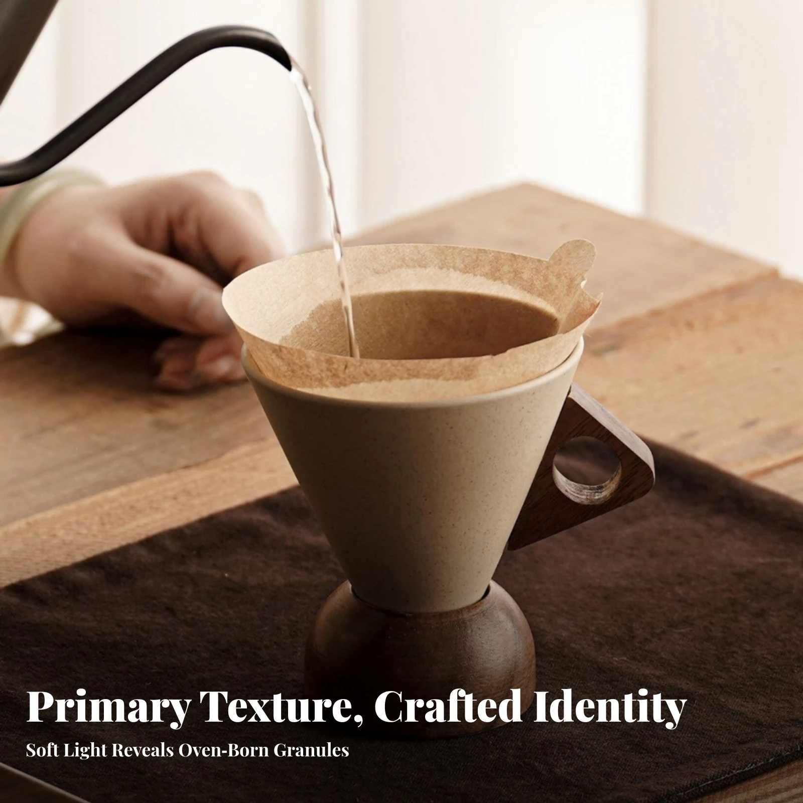 Pour-over Coffee Cup with Wooden Base Artisanal Ceramic Coffee Cup with Wooden Handle Minimalist Heat Insulating view 4