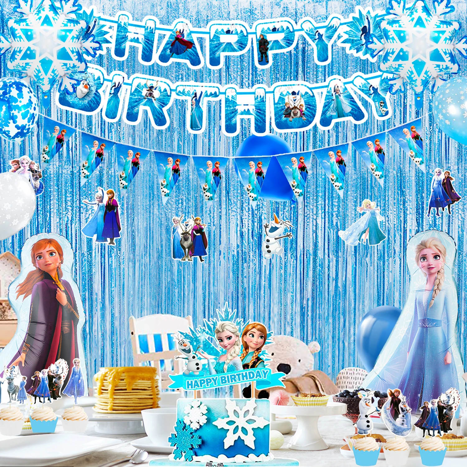 Suministros para fiesta de cumpleaños, juego de decoraciones para fiesta de 3 piezas, globo congelado, globo de aluminio de Elsa, globos de copo de nieve, adornos para tarta