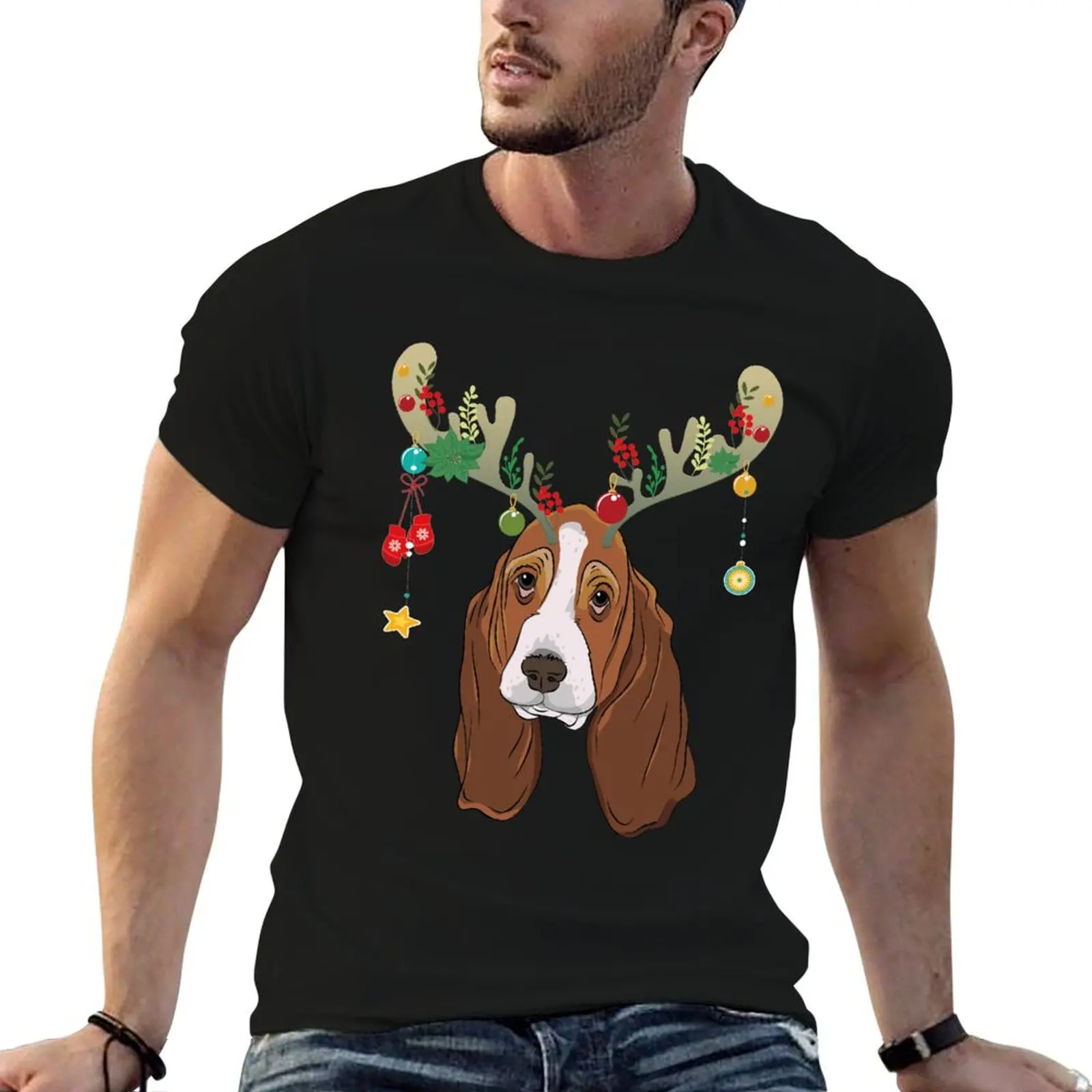 Basset Hound Christmas Lights Funny Dog Xmas T-Shirt Plus Size Loose Short Sleeve Top