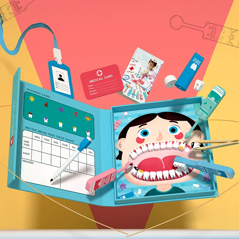 Children Doctor Toys Set Wooden Simulation Dentist Pretend Toy for Kids Early Education Tooth Role-playing Dental Medical Doctor