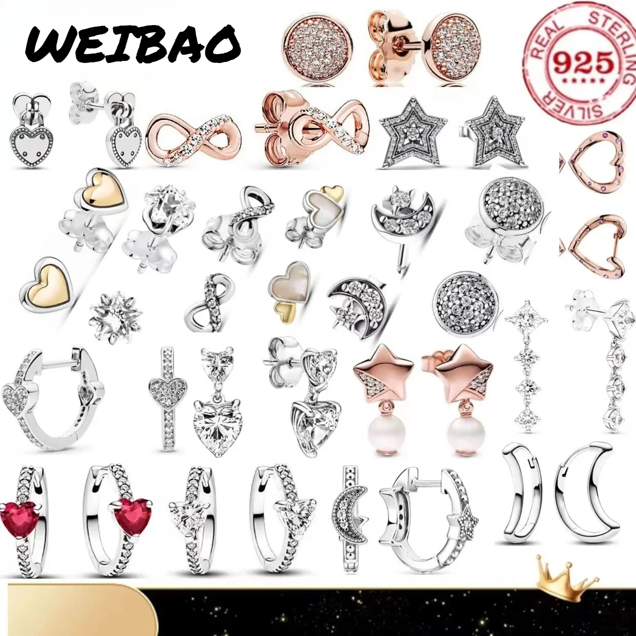 

Classic 100%925 pure silver star moon and snowflake earrings Ideal for women as a charming jewelry gift for Valentine's Day