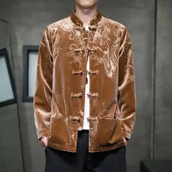 Autumn Winter Vintage Black Brown Velvet Pattern Dragon Tang Suit Coat Men Traditional Chinese Casual Jacket Tai Chi Uniform