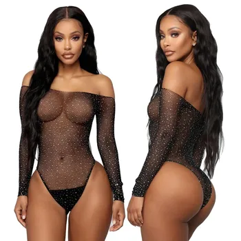 Hot Sexy Crystal Lingerie Shine Rhinestone Bodystockings For Women Erotic See Through Hollow Fishnet Teddies Transparent