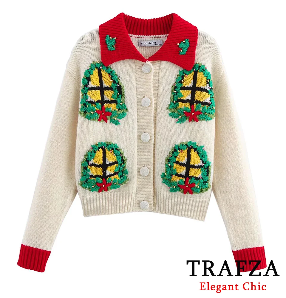 TRAFZA Women Creative Sweater Three-Dimensional Christmas House Knit Cardigan New 2025 Fashion Spring Fall Festivities Sweater