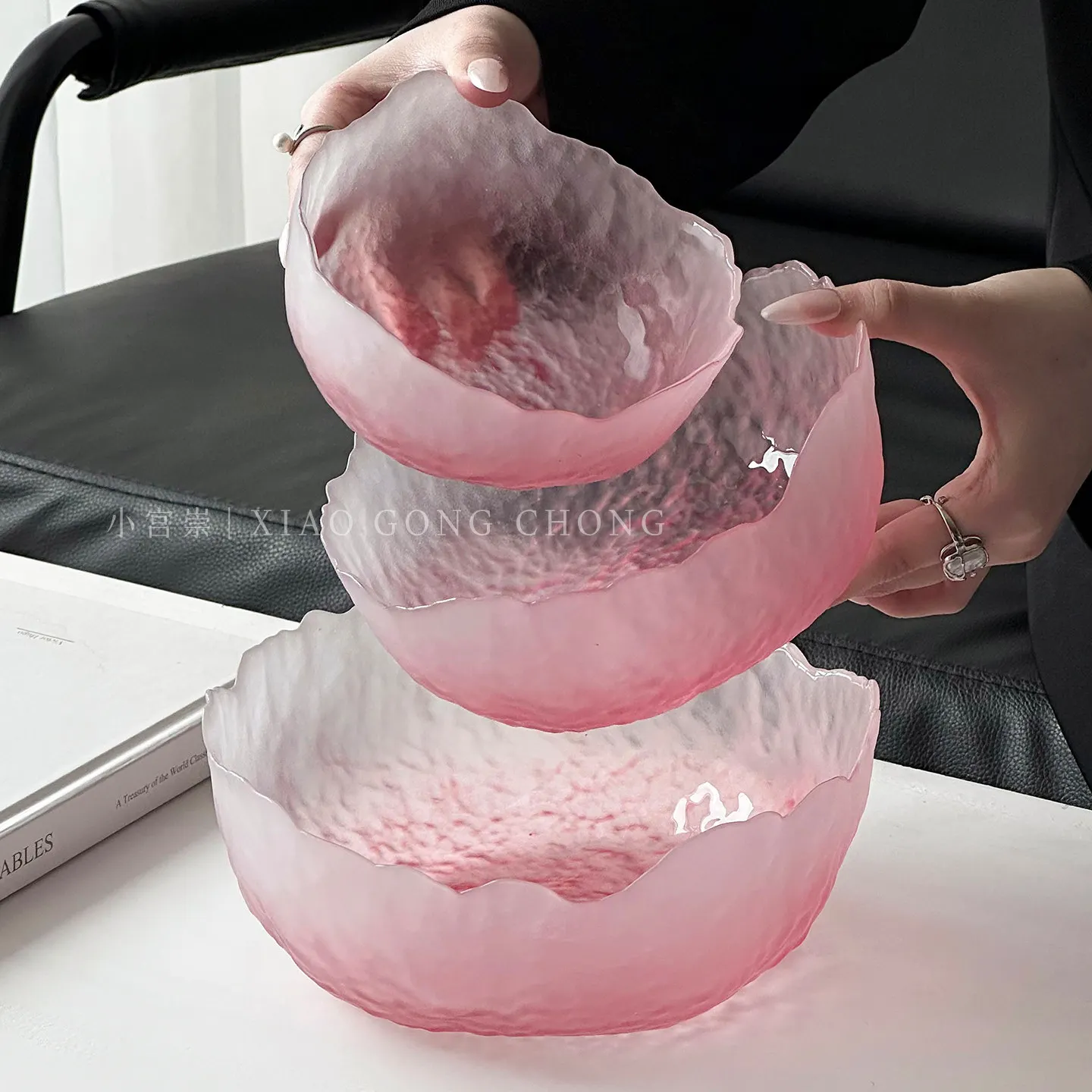 6-8 inch matte glass bowl set 3 pieces/matte glacier-textured fruit salad bowl for the kitchen/a dried nut-decorated snack bowl/