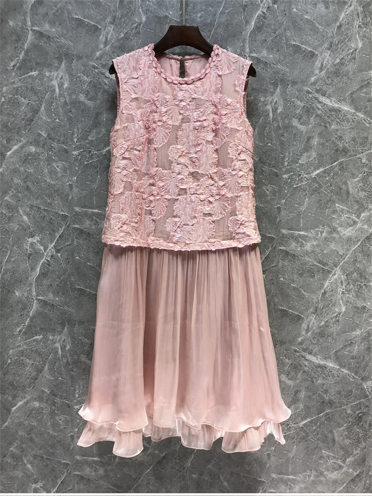 

Fake two-piece round neck sleeveless dress 2025 summer new women's flower vest long skirt