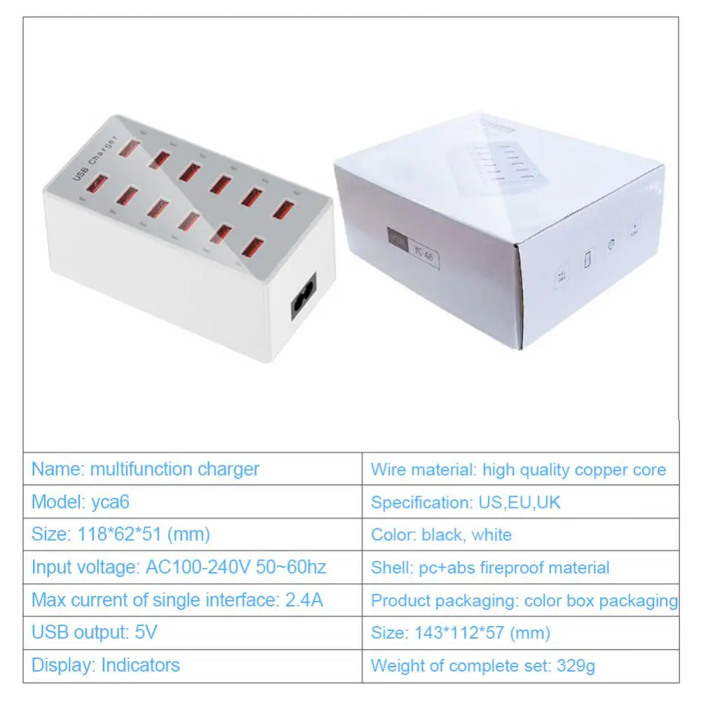 A6 12 Ports Multi USB Charger Station Fast Charging Quick Charge Power Adapter EU For IPhone Samsung Xiaomi Mobile Phone Charger