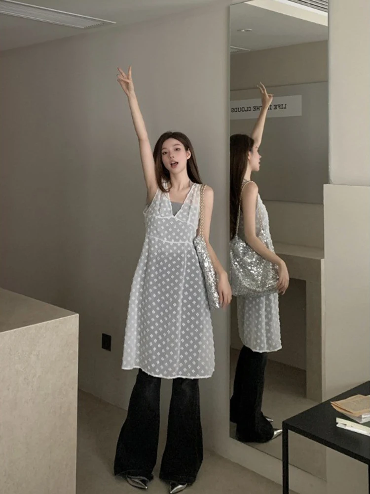 Vestido Colete em Camadas Estilo Coreano F Novo 2025 Vestido ter de Renda Branca Vestido Midi com Cortina de Rede e...