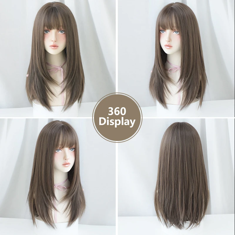 7JHH WIGS Synthetic Layered Cool Brown Wig for Women Daily High Density Long Straight Hair Wigs with Neat Bangs Heat Resistant - view 5