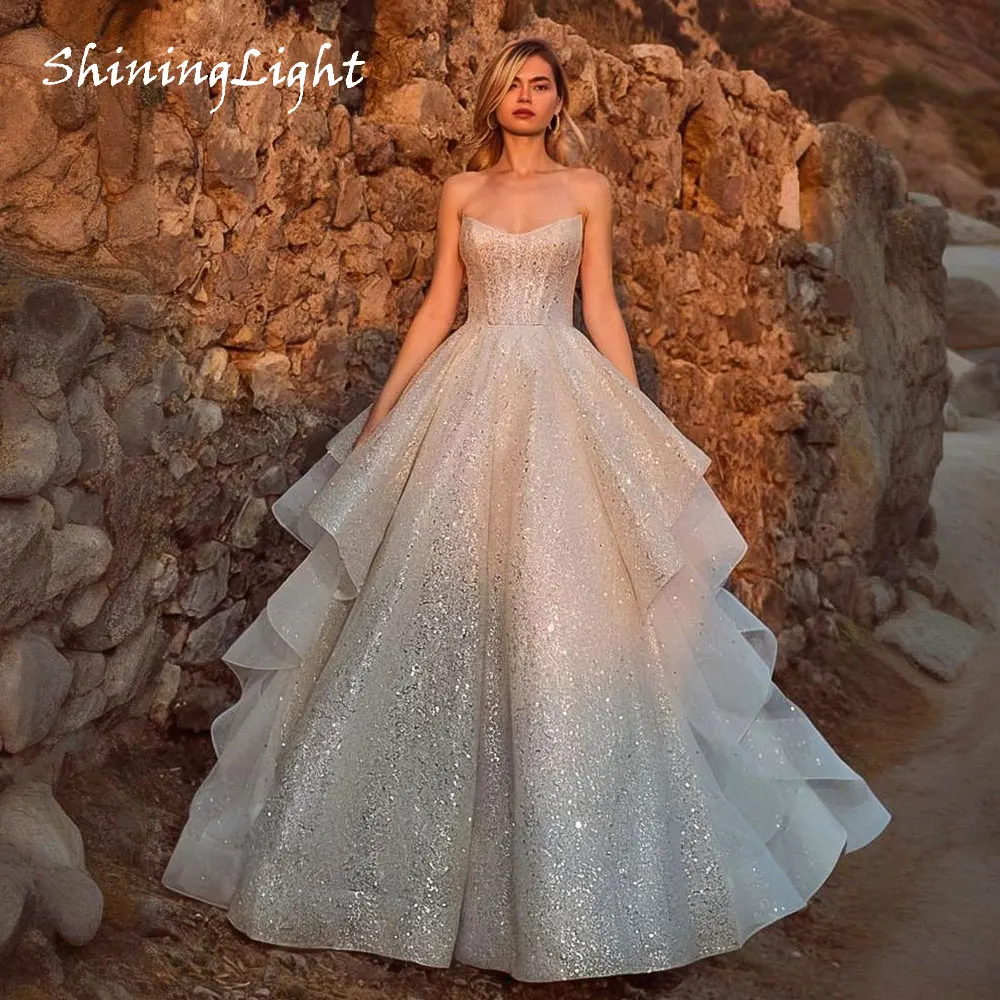 

ShiningLight Strapless Shining Glitter Ball Gown Wedding Dress Vestidos De Novias Sleeveless Princess Long Bridal Gown Customize