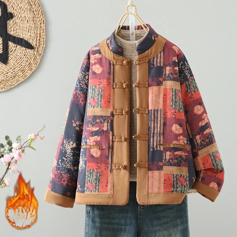 

Winter Faion Thiened Casual Women's Cotton Jaet Loose Fit Quali Good Printed Long Sve Stand Collar Single Button