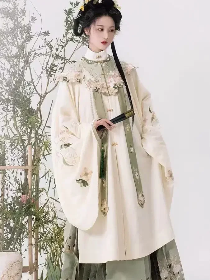 Ming Hanfu 데일리 스탠딩 넥 셔츠, 자수 롱 코트, 구름 어깨, 말 얼굴 치마, 중국 스타일, 고대 의상, 신상