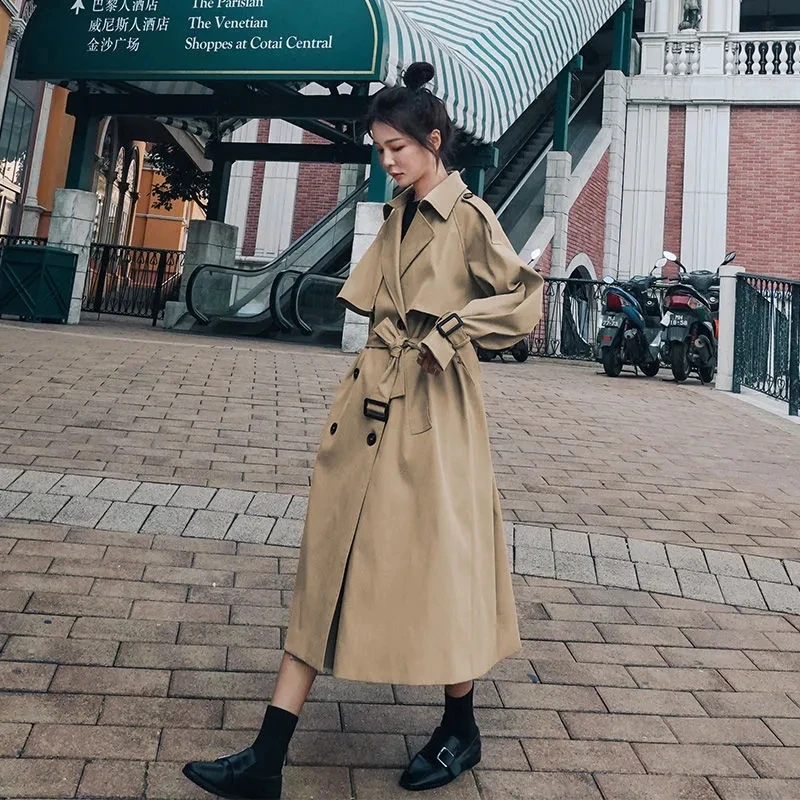 British Style Khaki Long Trench Coats Luxury Design Belt Windbreaker Women 2023 Spring Overcoat Loose Korean Fashion Clothing