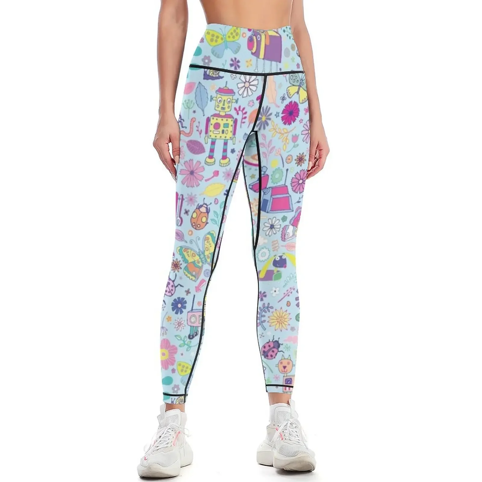 

Electric Dreams - fun floral robot pattern by Cecca Designs Leggings Sports pants for Fitness woman Womens Leggings