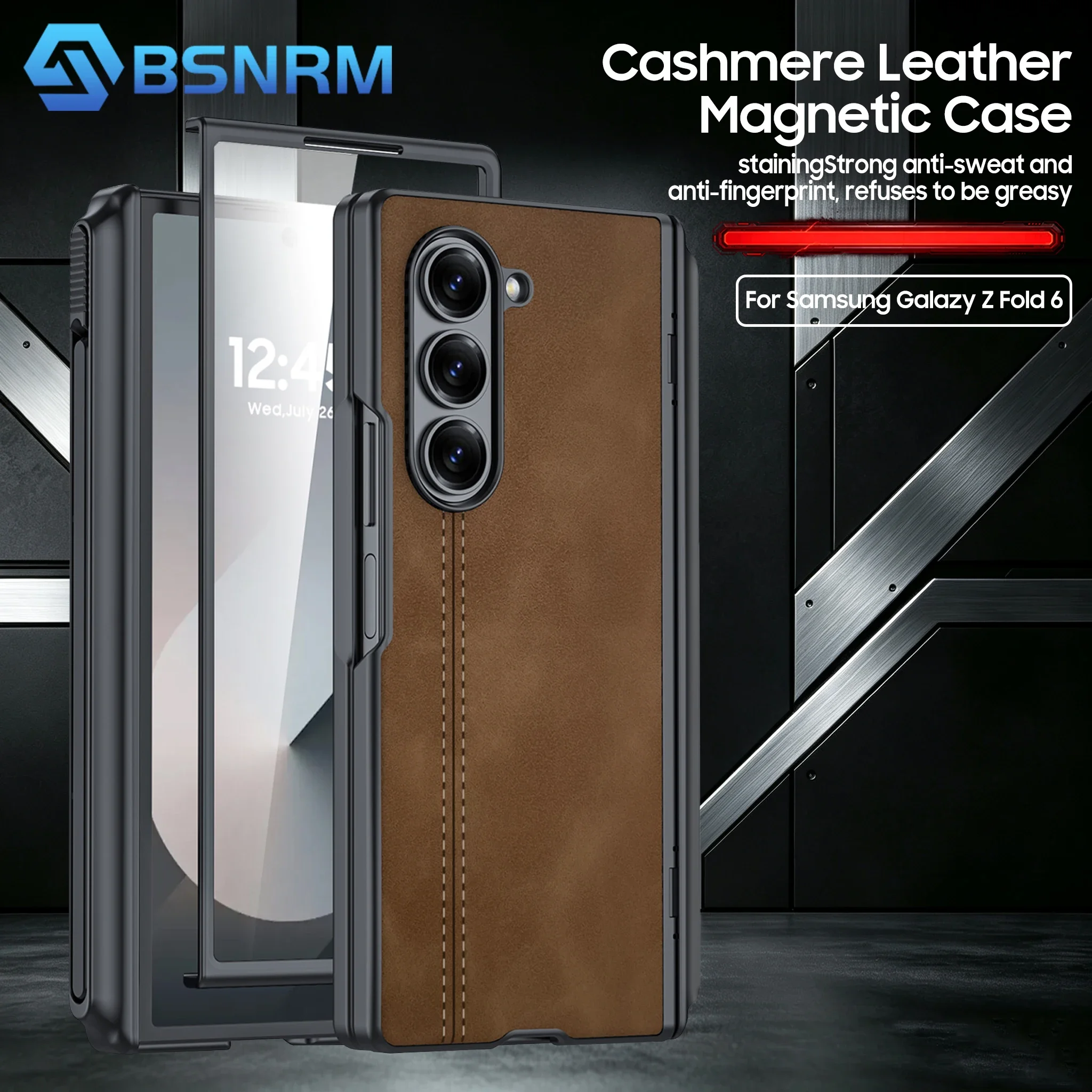 for Samsung Fold 6 Phone Case, with Hinge Protection,S Pen Holder,Screen Protection,PU Leather Matte PC Case-Brown