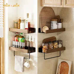 Bathroom shelf Black aluminum wood shelf Bathroom Cosmetic shelf kitchen wall shelf Kitchen seasoning rack cup rack（no glue）