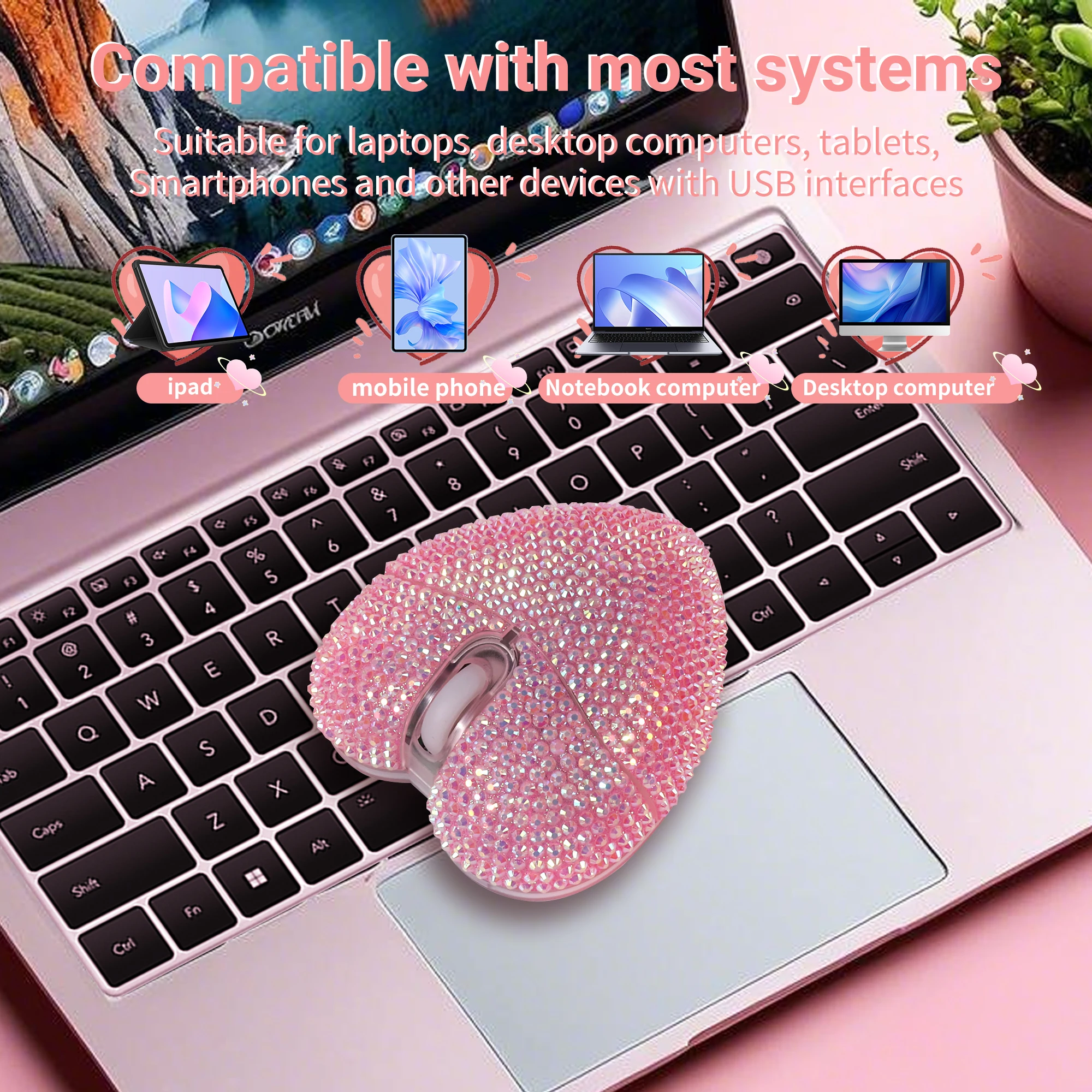 Wireless Love Mouse 2.4G Or Bluetooth Connection Sparkle Creative Design Mause Office Use Anti Slip Sweat Proof Gift For Girl