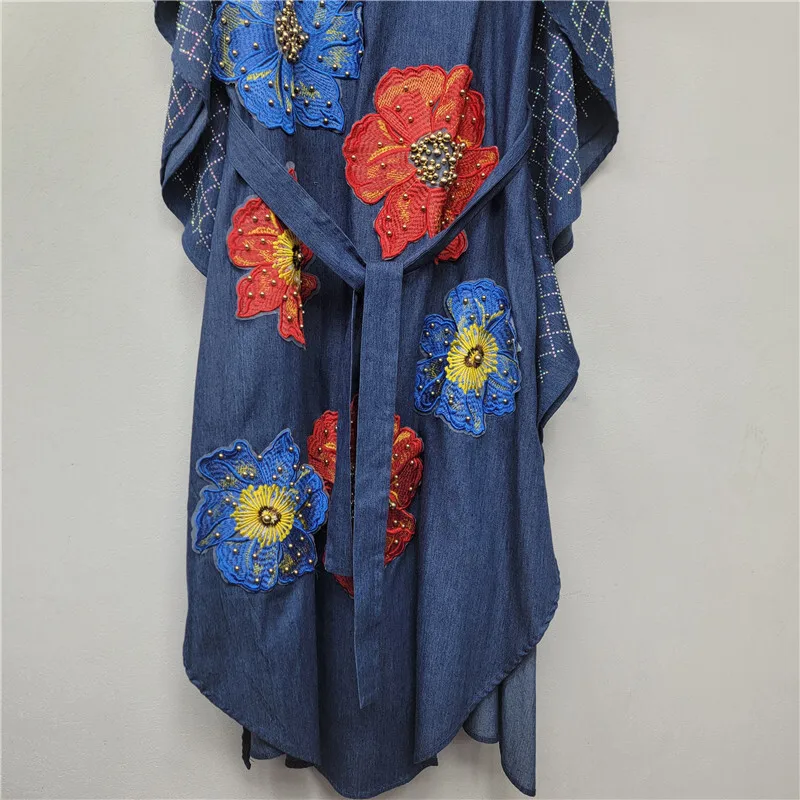 ANJY 2025 Autumn New Women's Denim Dress Loose V-neck Heavy Embroidered Flares Appliques Chic Fashionable Elegant Dresses A13911