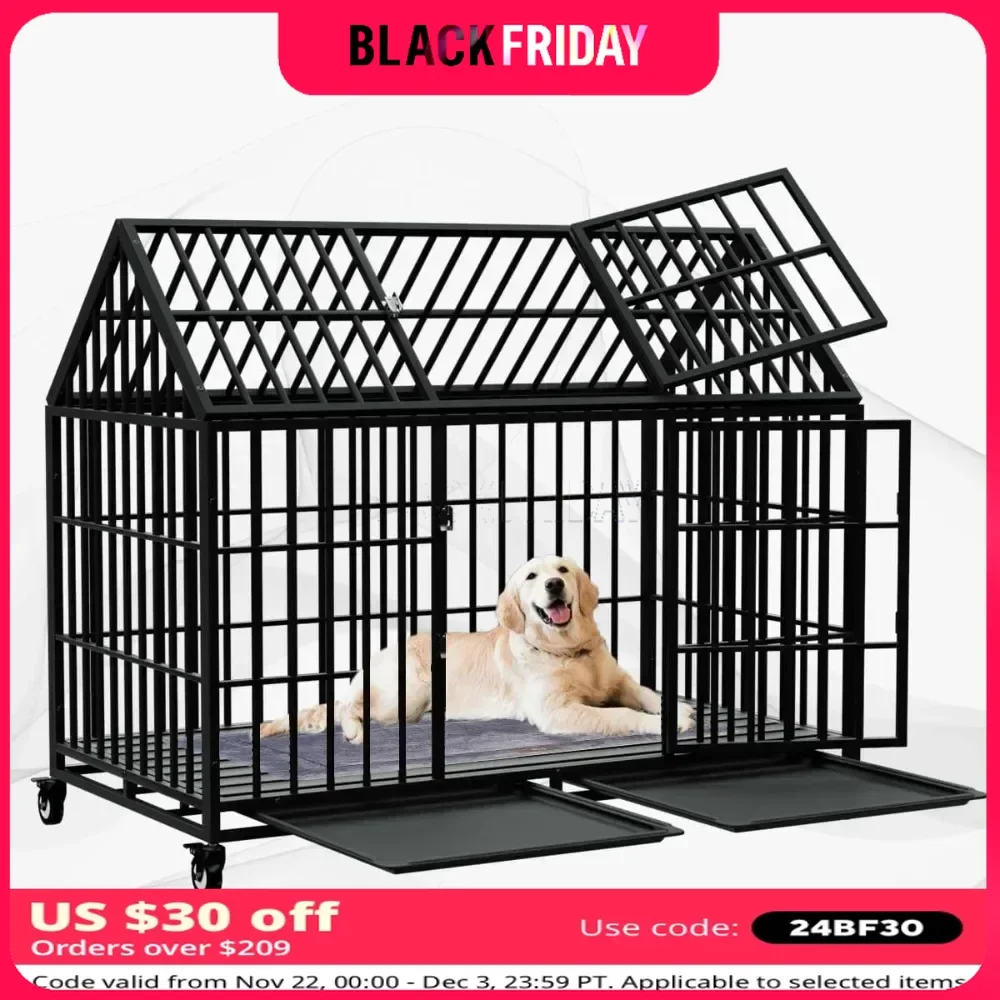 54/48 Inch Dog Crate Large Dogs Cage Strong Metal Dogs Kennels and Crates for Large Dogs Top Open with Wheels 2 Removable Trays