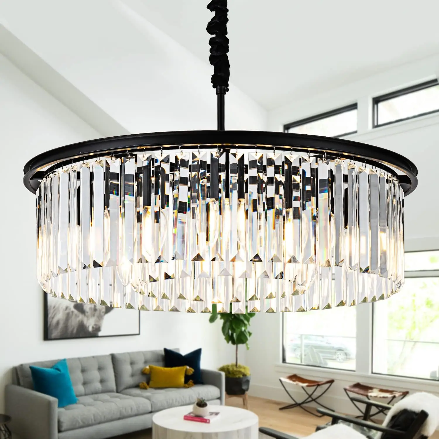 

23" 8-Light Modern Crystal Chandelier Light Fixtures 2 Rings Black Luxury Chandeliers for Dining Room t Ligh