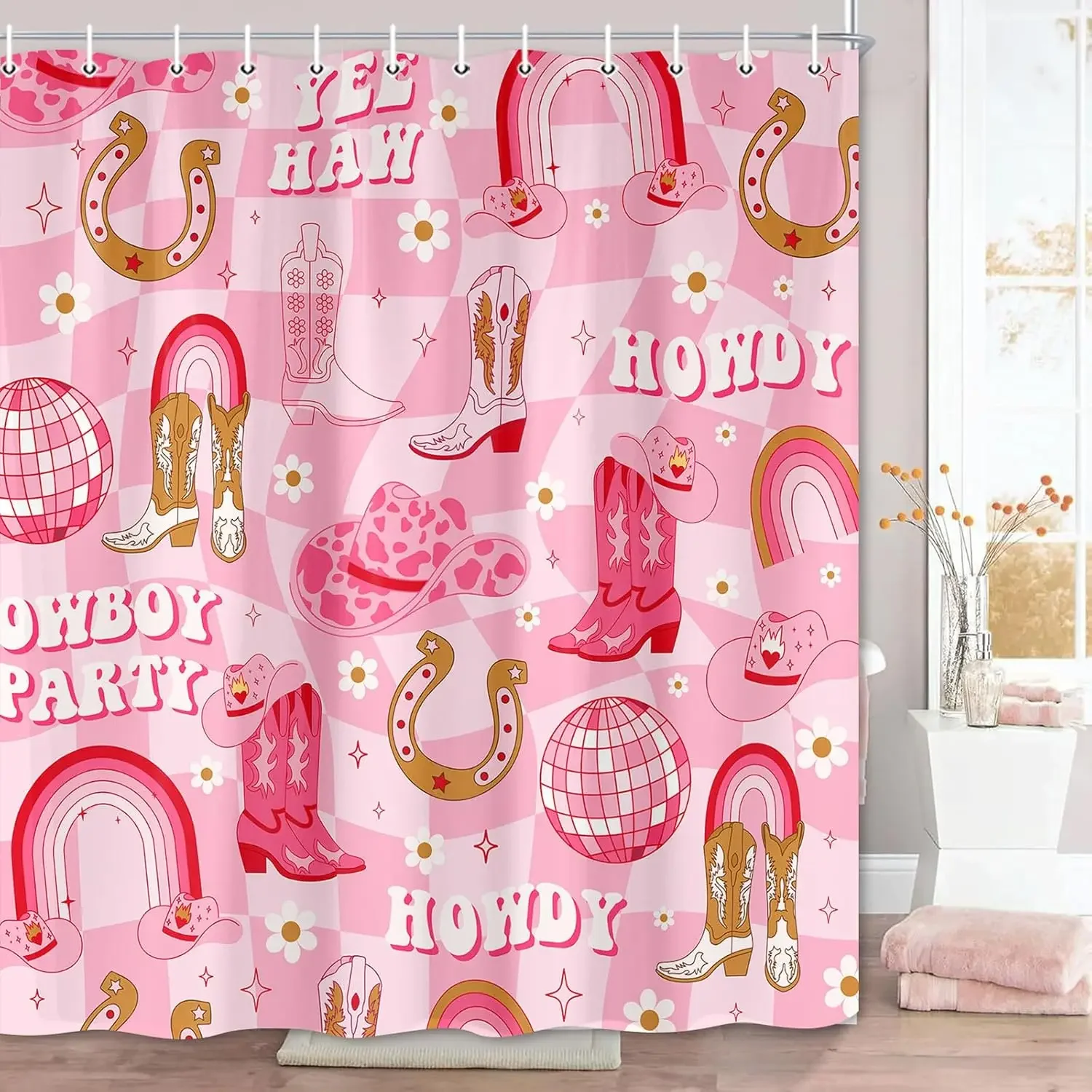

"Pink Western Shower Curtain, Cowboy Boots & Horseshoe Pattern, Country Music Party Decor for Girls and Teenage Bathroom"