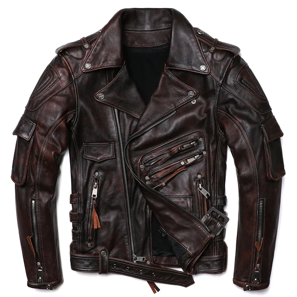 NEW Vintage Brown Professional Motorcycle Leather Jacket Heavy Natural Cowhide Coat Thick Ooblique Zipper Clothes Plus size 6XL