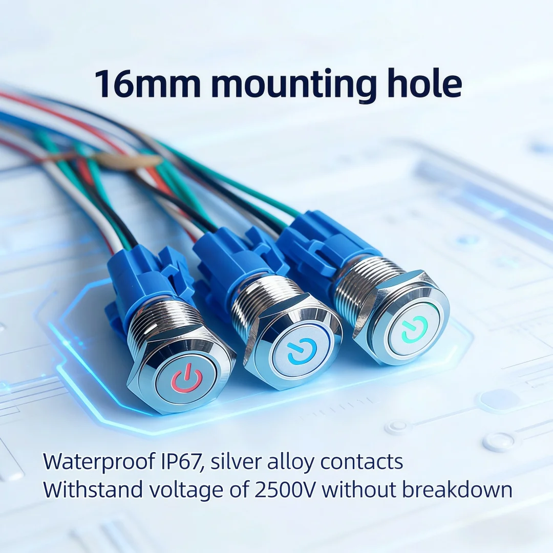 

Wholesale 1/2/3/5pcs 16mm metal push button switch,momentary/latching,power symbol,12V24V220V LED,car modification switch/pf