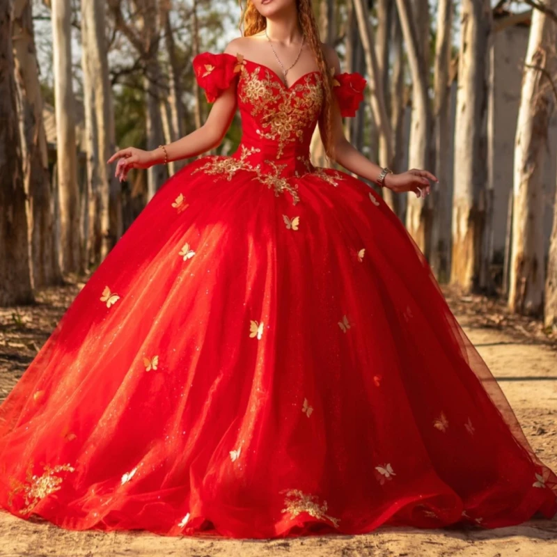 

Red Shiny Quinceanera Dresses Off The Shoulder Gold Applique Beading Bow Tull Party Birthday Sweet 16 Dress Vestidos 15 De Anos