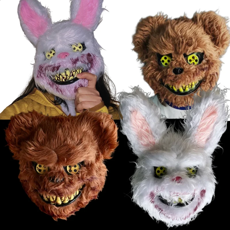 

Bloody Plush Bunny Mask Halloween Ghost Festival Mask Realistic Bloody Bear Rabbit Headgear Creative Prop Halloween Horror Mask