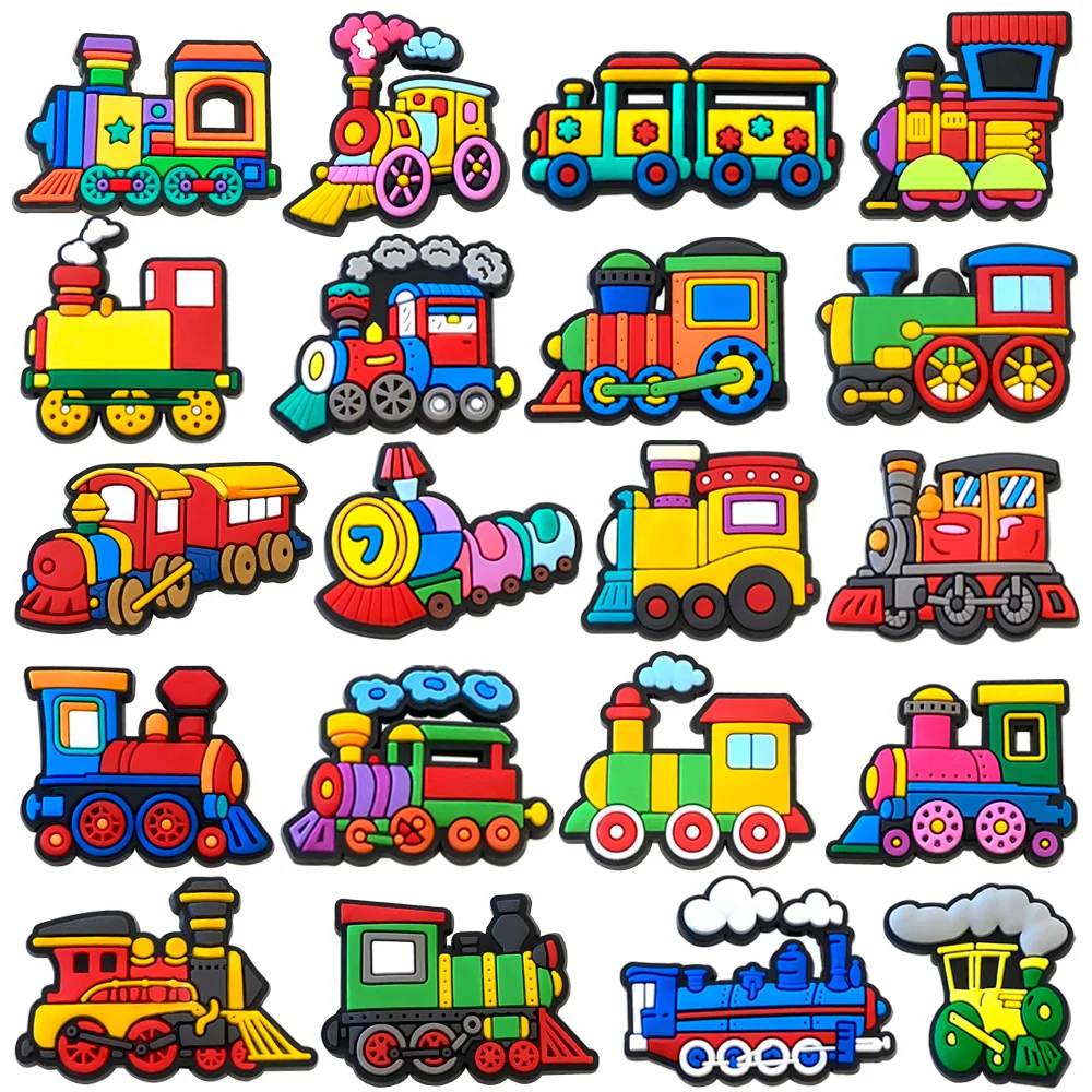 20Pcs Cartoon Anime Little Train Series Shoe Charms for Clogs Bubble Slides Sandals PVC Shoe Decorations Accessories For Teens