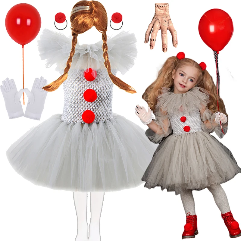 Halloween Girl Joke Dress Gray Clown Costumes Creepy Clown Cosplay Clothes Tutu Dress Children Party Clothing for Kids Halloween