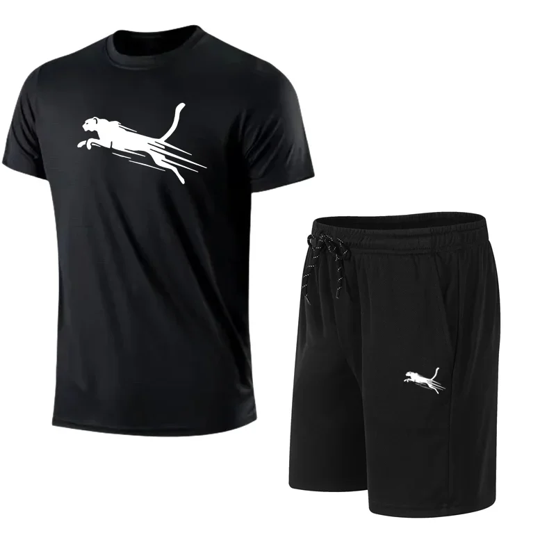 

2025 Summer Men's Running Set Cheetah Printed Top Casual T-shirt+Shorts Two Piece Set Slow Running Breathable Quick Drying