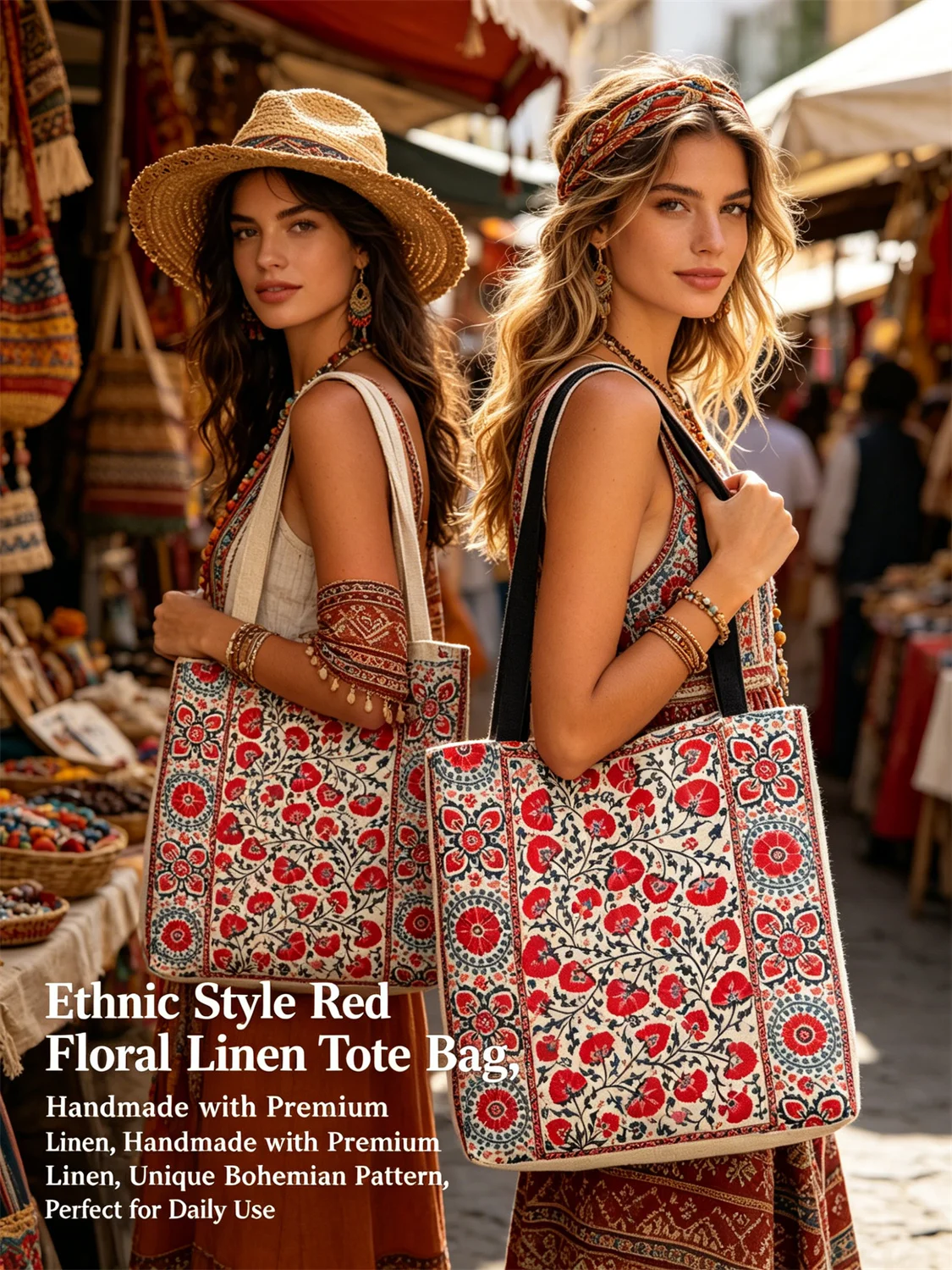 

2026 Women's Shoulder Bag, Vintage Suzani Red Floral Botanical Rug Art Print Handbag, Stylish Daily Tote Bag for Bohemian Daily