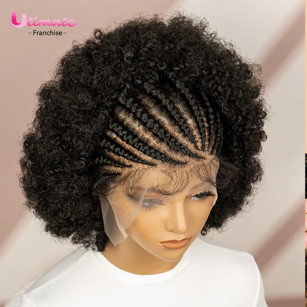 Full Lace Synthetic Kinky Curly Fluffy Cornrow Braid Braiding Wig African Knotless Wig 8in Short Afro Braided Wigs for Women