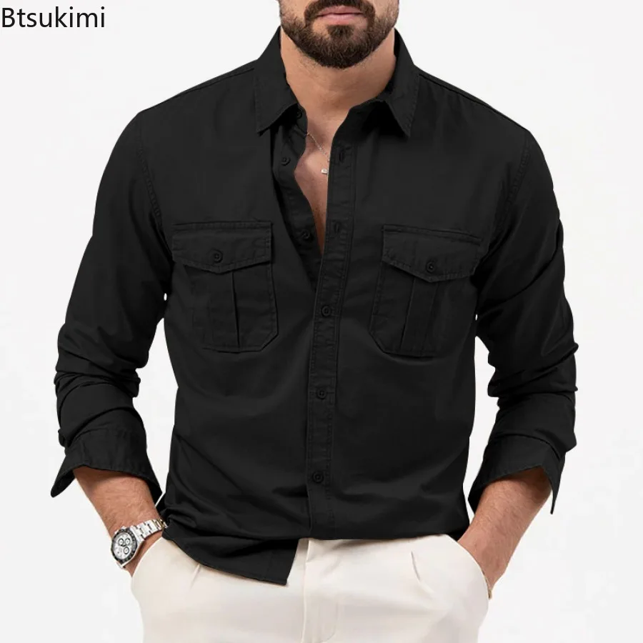 Fashion New Men's Casual Long-sleeved Shirts Multi-pockets Lapel Cardigan Tops Men Comfy Loose Workwear Safari Style Blouse Male