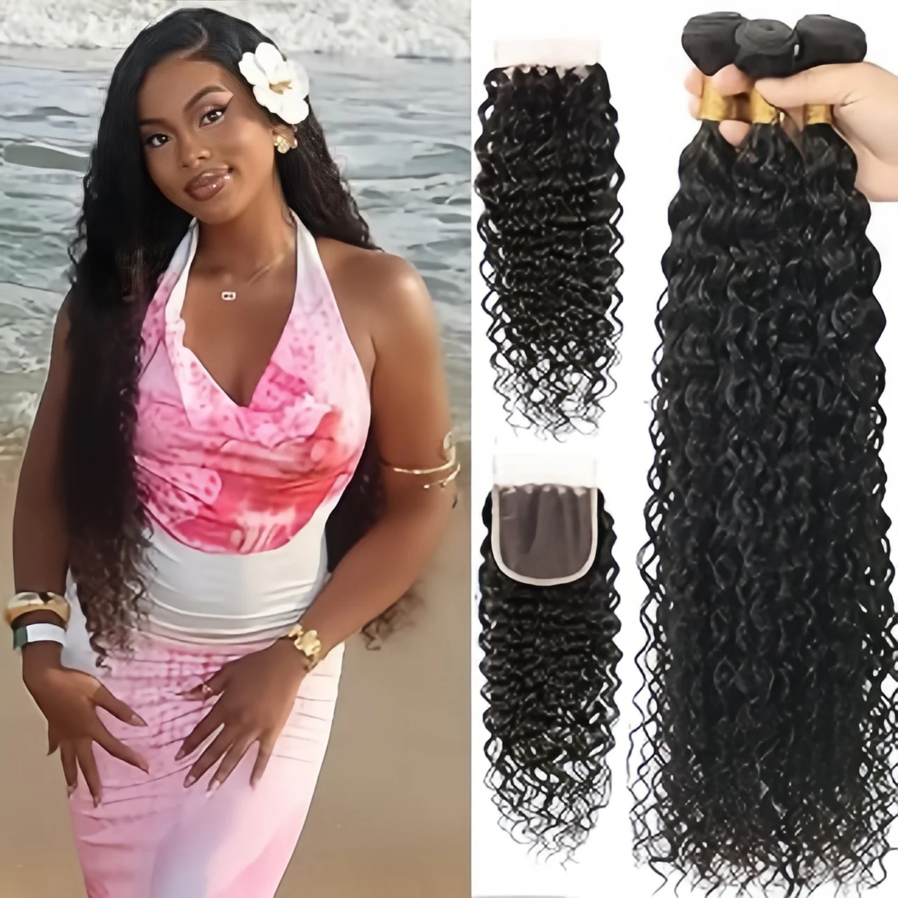 

Бразильские пучки волос Water Wave с закрытием 4x4, 3 пучка с закрытием, 12A BPHW