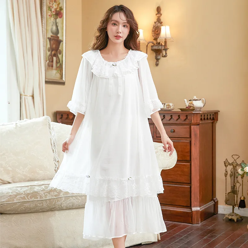 Women Long Nightgowns Solid Round Collar Half Sleeve Modal Gauze Ruffles Loose Retro New Chic French Palace Princess Nightdress