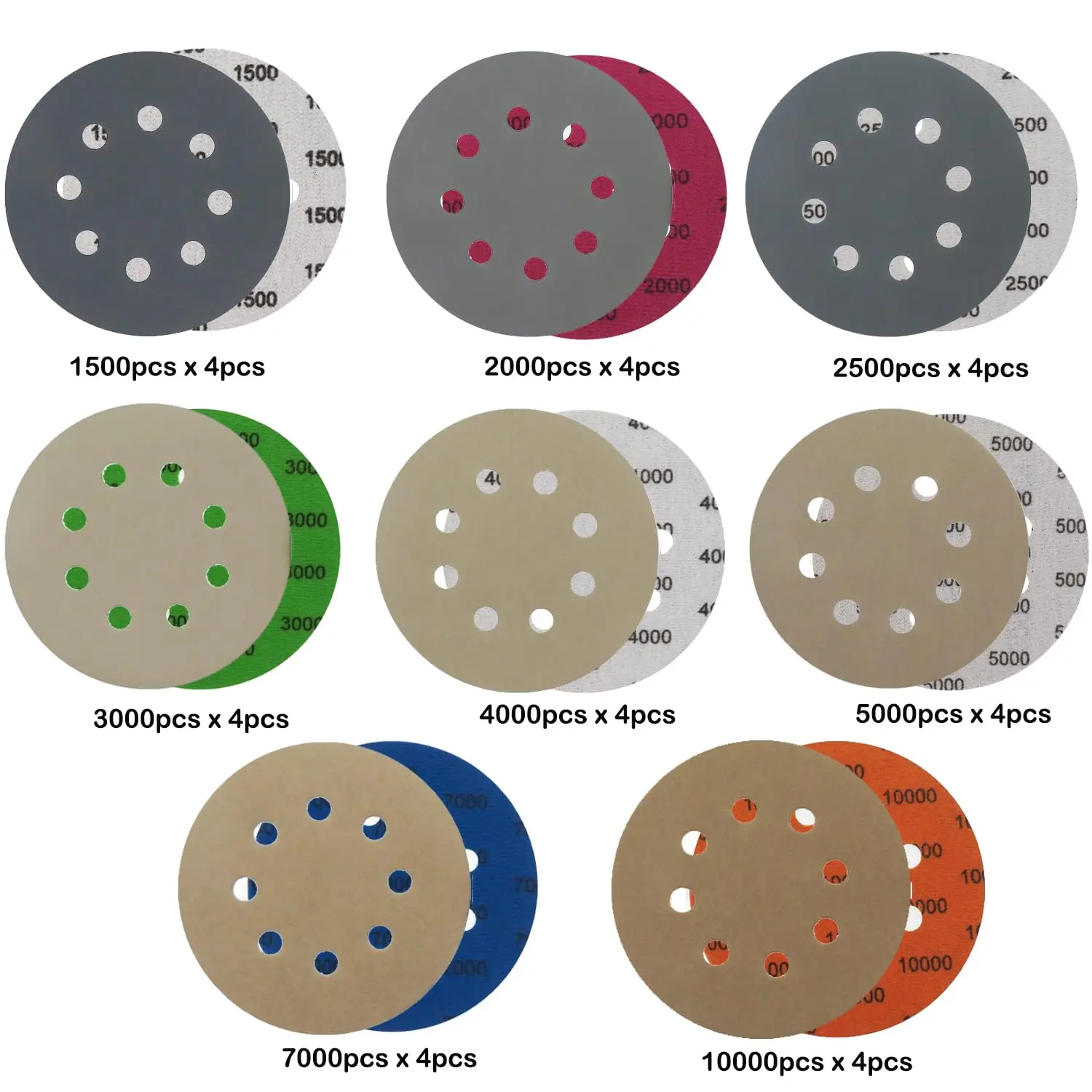 5 Inch 8 Holes Hook and Loop Sandpaper 34 Pcs Assorted 1500-10000 Grit with Interface Pad for Polishing Automotive Metal
