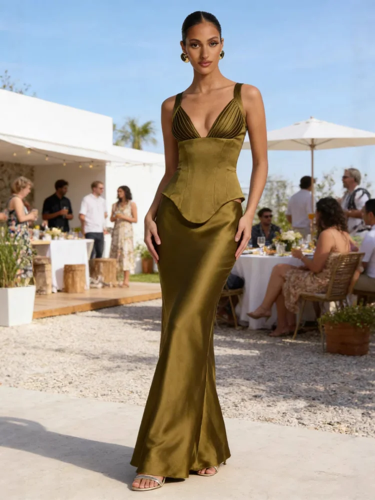 

Sexy Long Satin Halter Neck Midi Dress Women's Fashionable Versatile Bodycon Skirt Set Cross-Border Hot Sale New Style