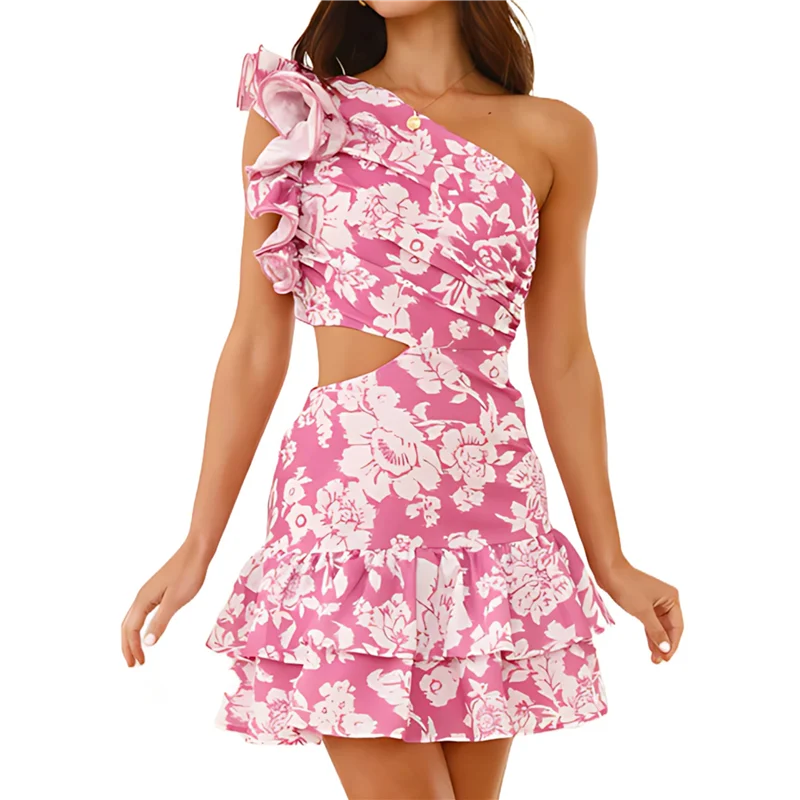 Casual zomer bloemenprint ruche mouwloze uitsparing mini-jurken Boho strand zonnejurk