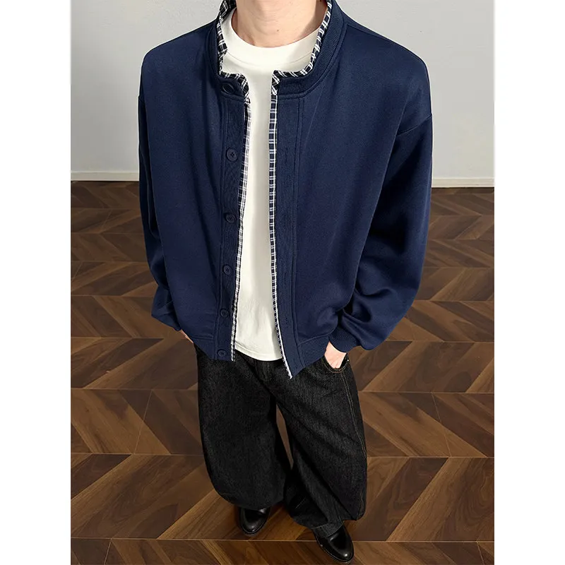 

American Plaid Splicing Open Cardigan Sweatirt Men's Spring Autumn Heavyweight Trendy Brand Stand Collar Jaet Design Sens...