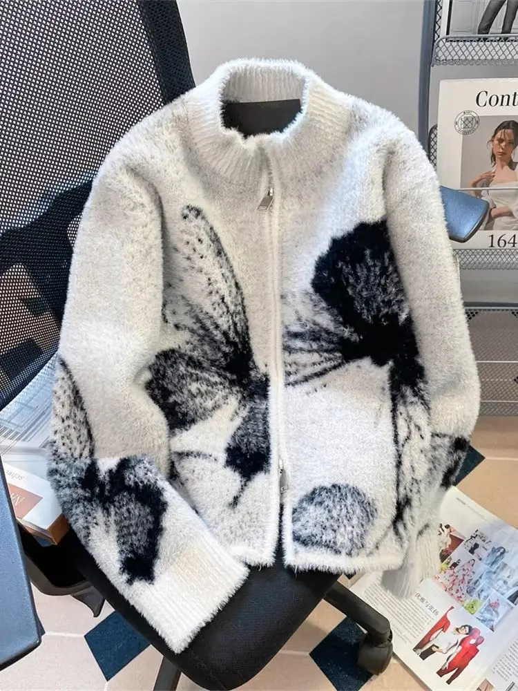 Lazy Vintage Butterfly Print Waterproof Mink Sweaters Autumn Winter New Cardigan Mujer Y2k Long Sleeve Zipper Coat Women