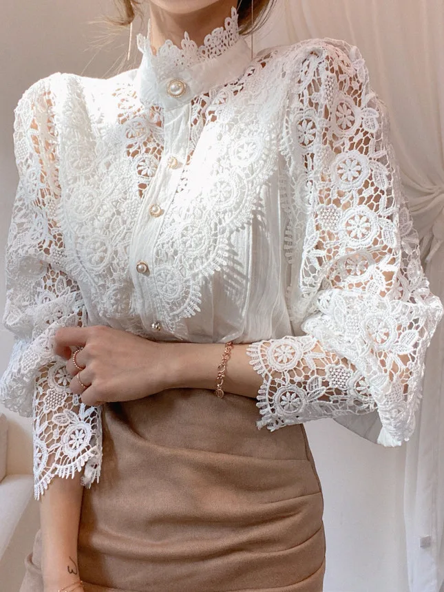 

Korean Style Long Sleeve Hollow out Lace Patchwork Stand Collar Single Button Women's Shirt Breathable Polyester Fiber