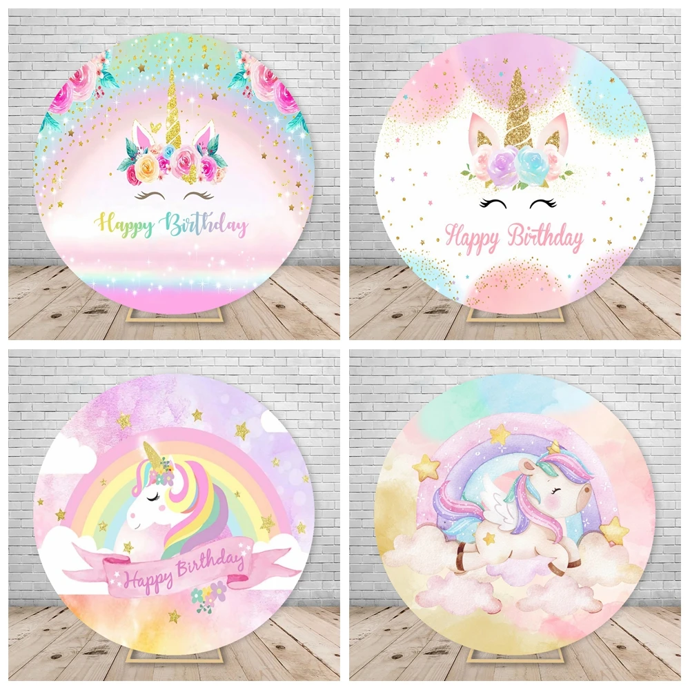 Unicorn Theme Rainbow Birthday Party Round Backdrop Cover Girls Baby Shower Newborn Circle Custom Photography Photo Background