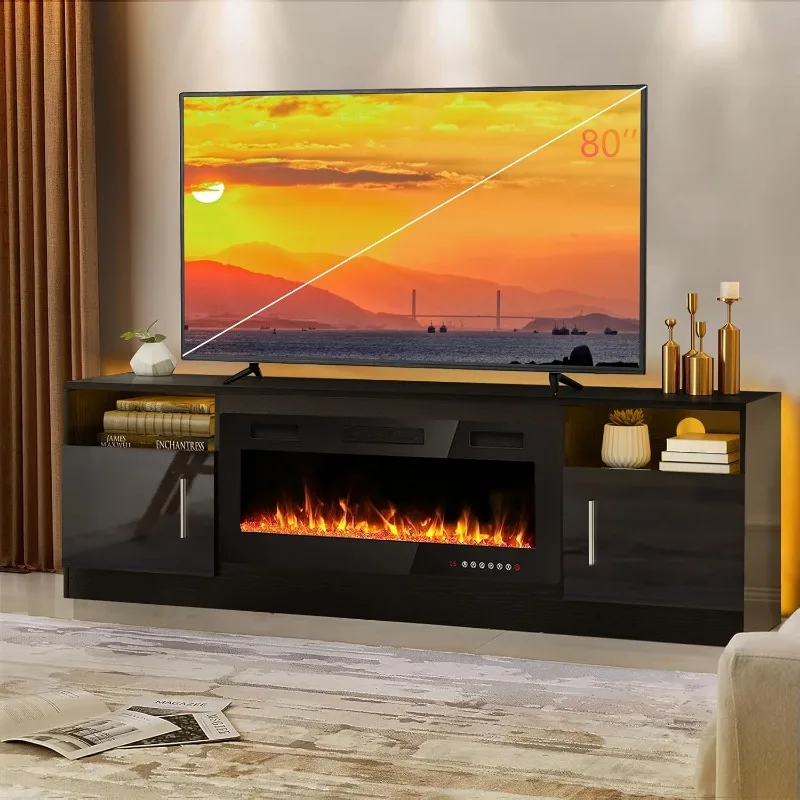 

Fireplace tv Stand with 36 inch Fireplace Up to 80" TVs,LED Light Entertainment Center and Storage, 70" Modern Wood