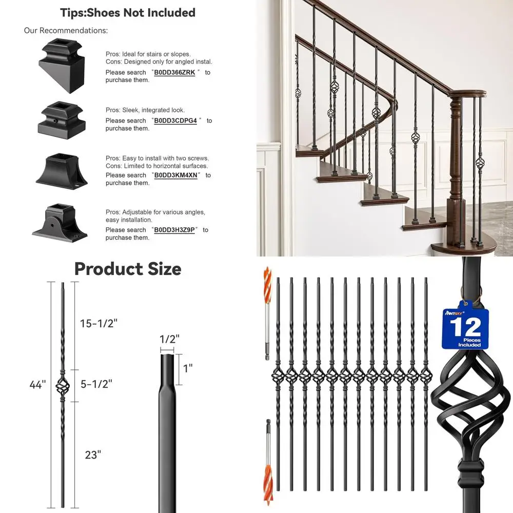 

Black Hollow Iron Balusters for Deck Spindles and Indoor Stair Railing, 12-Pack with 2 Wood Drill Bits