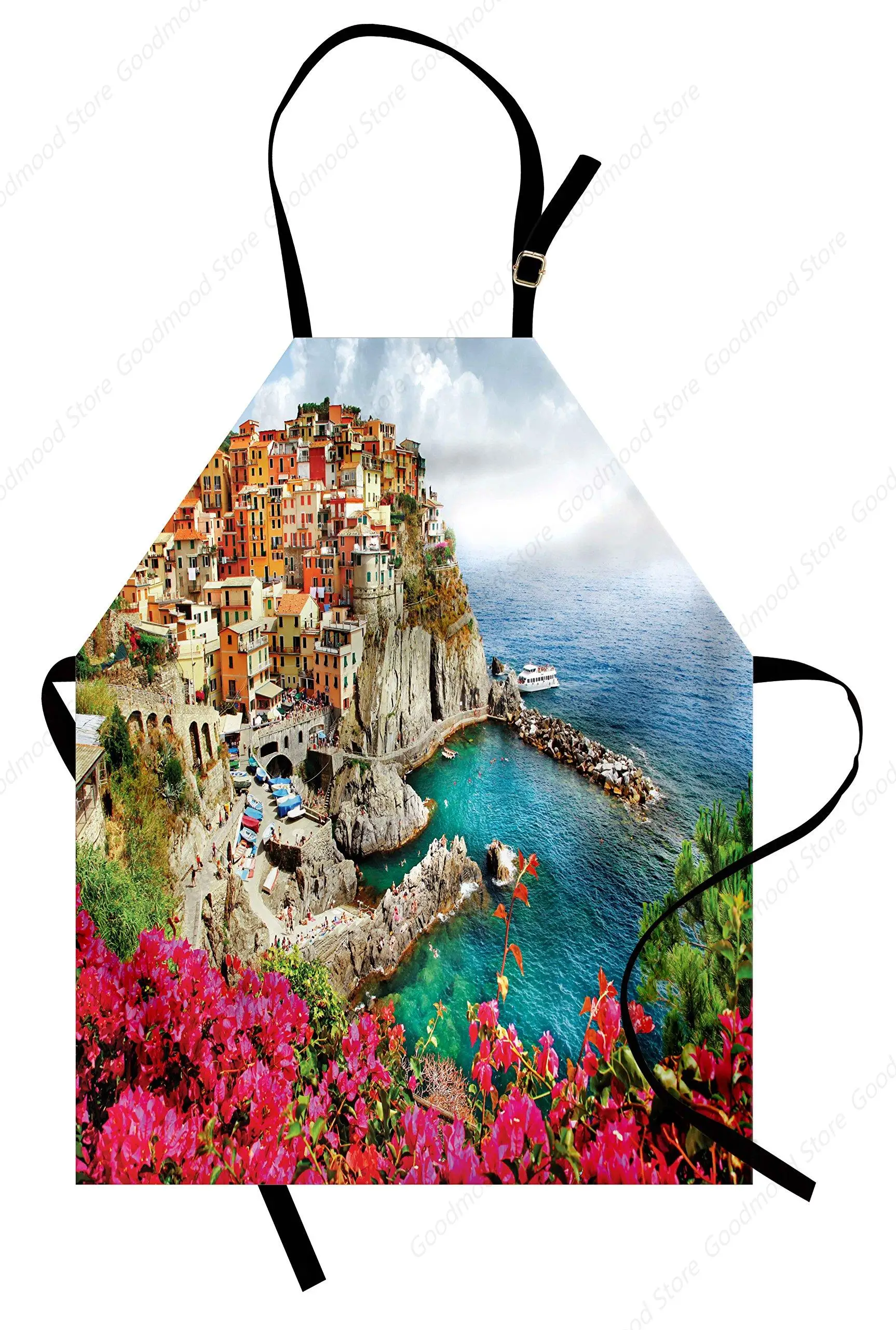 Italy Apron Antique Village in Cinque Terre Coastal Panorama Summer Beach Scenic View, Unisex Kitchen Bib